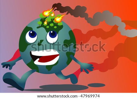 An image of a coughing globe suspended in the universe, while a factory located on the globe is letting off a lot fumes and polluting it