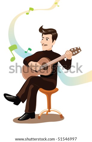 An image of a man sitting on a stool and playing the guitar