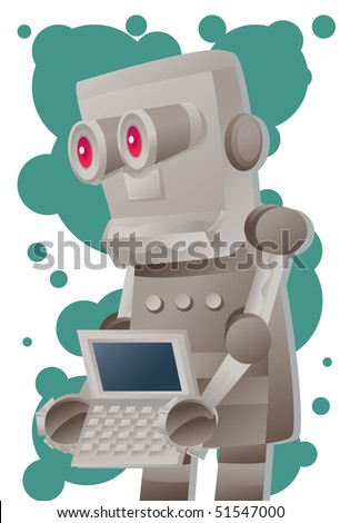 An image of robot clasping an open laptop between his hands