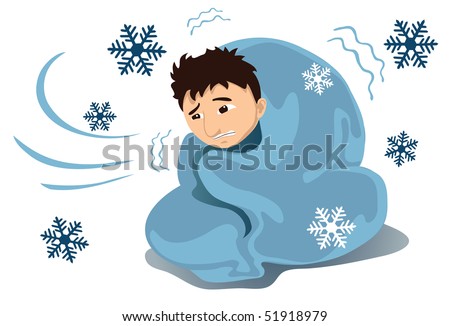 An image of a young shivering man covered with a blanket while snowflakes are falling around him