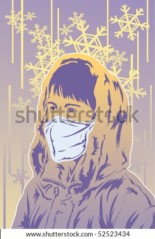 An image of a man wearing a winter jacket and face mask standing outside while it is snowing