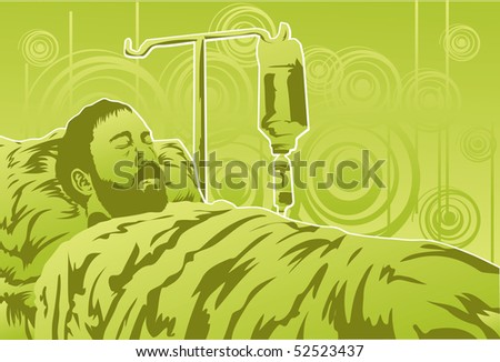 An image of an ill man sleeping on a hospital bed getting an intravenous