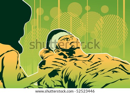 An image of a sick man lying on a bed with a ice compress on his forehead while a woman is sitting at his bedside holding his hand