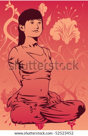An image of a young lady sitting in the lotus position but holding her hands behind her back