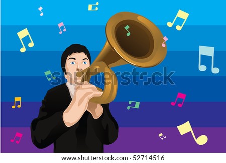 An image showing a man playing a French horn with musical notes floating around him