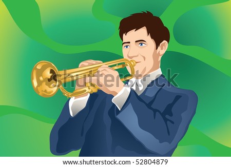 An image of a man dressed in a slate gray suit playing the trumpet