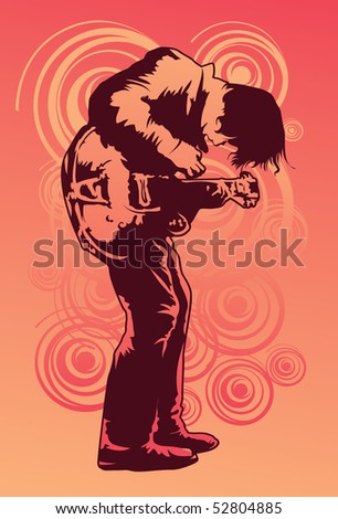 An image of a male guitarist leaning his head forward and strumming the guitar