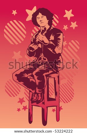 An image showing a young man wearing a suit, sitting on a high stool and playing a banjo