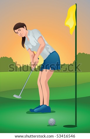 An image showing a woman golf player putting the ball into the hole