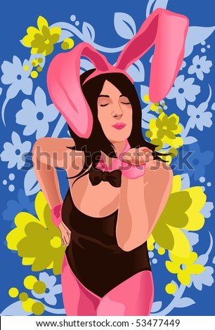 An image of a buxom woman dressed in leotards wearing a bow around the neck and hair band with bunny ears blowing a kiss at someone