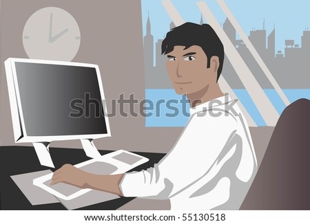 Image of a businessman who is working happily on his computer desktop