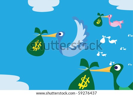 Images of birds which are flying and carrying money bag to their nest.