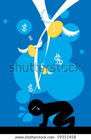 Image of man who is sad that money is floating away from him.