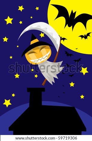 Image of  Angry Pumpkin Ghost Who Comes Out to haunt Halloween with sickle.