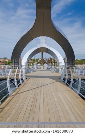 SOLVESBORG, SWEDEN-MAY 10: EuropeÂ´s longest pedestrian and cycling bridge- vertical view in May 10, 2013 in Solvesborg, Sweden. Solvesborg\'s bridge was built in December 2012 and it\'s 756m long.