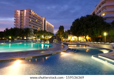 Club Mac Hotel, Majorca-September 08: Open Swimming Pools Near Club Mac Hotel Resort In Alcudia, In September 08,2013 On Majorca. Club Mac Hotel Resort Have 1024 Air-Conditioned Guestrooms.