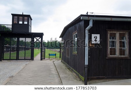 STUTTHOF POLAND - 27 JULY, 2013: Symbolic entry gate in concentration camp Stutthof in July 29, 2013 in Stutthof, Poland. More than 85,000 victims died in the camp.