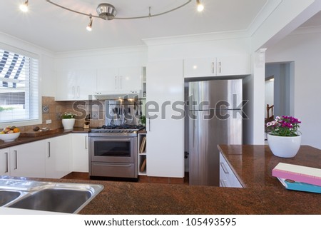 Modern kitchen with stainless steel appliances in Australian mansion