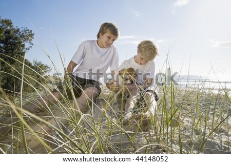 Brothers playing with dog at the beach