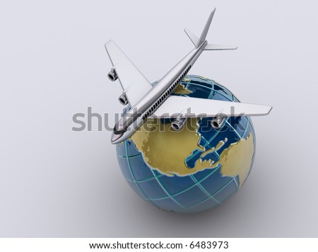 stock photo : Conceptual chromed airplane on Earth globe - 3d render