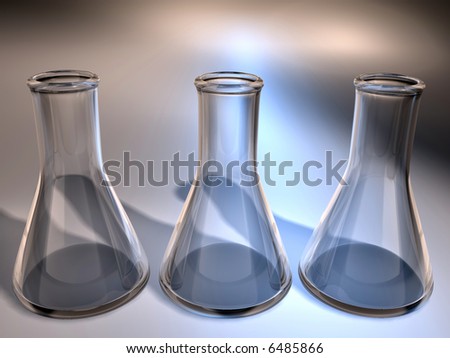 Three empty chemistry flask on color background - 3d render