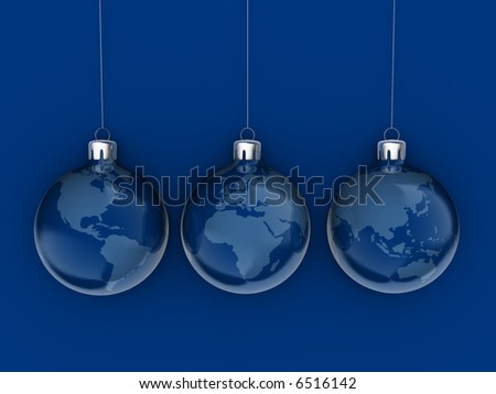 Conceptual Christmas blue ornaments with world map - rendered in 3d