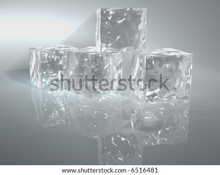 Four ice cubes and water stain on blue background - 3d render
