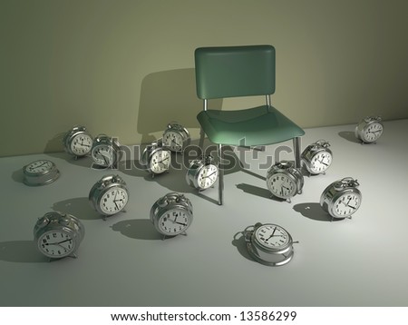 Time passing concept -  chair surrounded by a lot of alarm clock - rendered in 3d