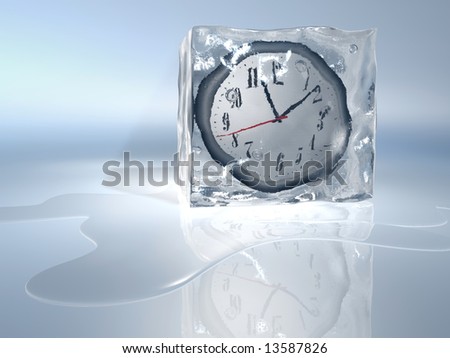 A clock frozen in ice cube - rendered in 3d