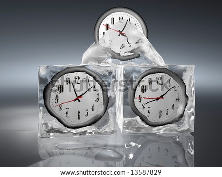 Three clocks frozen in ice cube - rendered in 3d