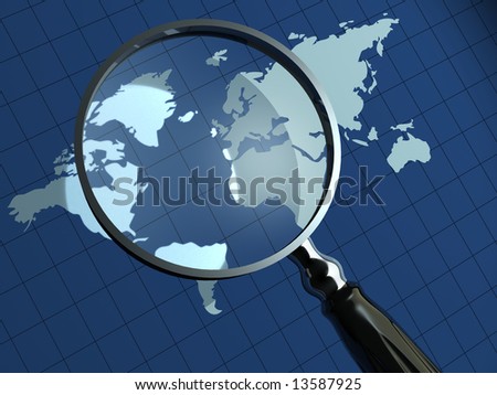 Conceptual loupe and Earth map in background - 3d render