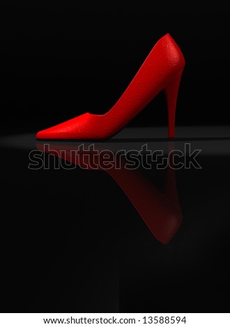 A red women\'s high heel shoe on black - rendered in 3d