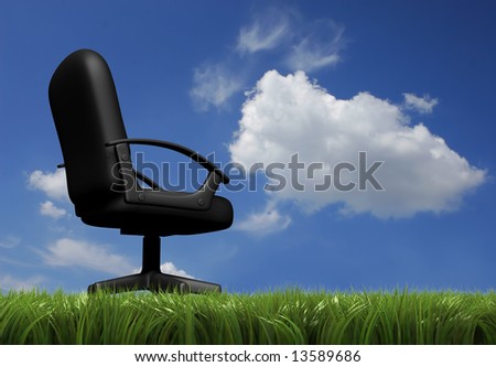 Office chair in grass field and blue cloudy sky - rendered in 3d