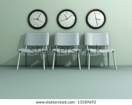 Three chair and three wall clock - rendered in 3d