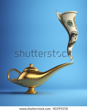 Golden magic Aladdin lamp smoking money - 3d render