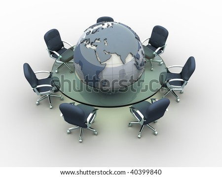 Glass conference table with Earth globe in middle - 3d render