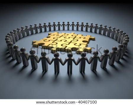 stock photo : Icon people holding hands and forming a circle around a golden 