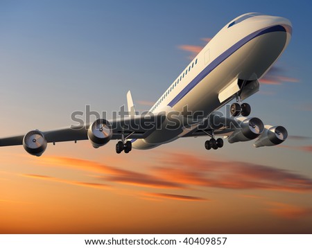 3d illustration of airplane flying at sunset
