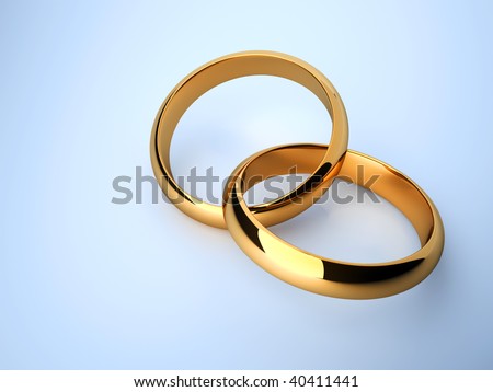 stock photo Interlocked wedding rings over blue background 3d render