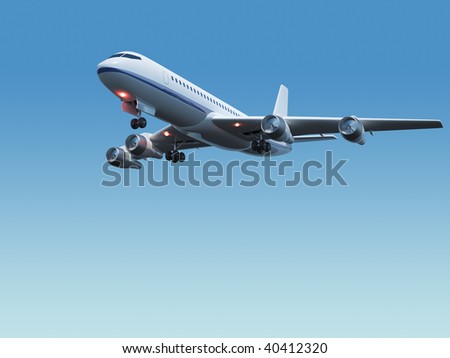 3d illustration of airplane flying on blue sky