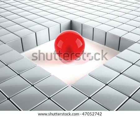 3d render illustration of a red sphere in a pattern of cubes