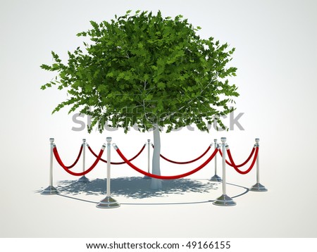 A tree protected by a velvet rope - 3d render illustration