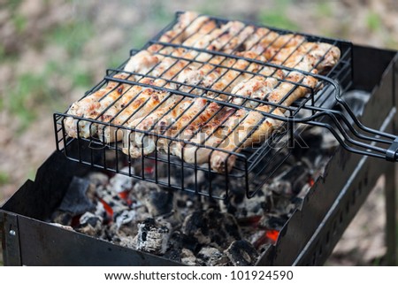 Chicken meat kebab food grilled on barbecue for outdoor picnic  meal