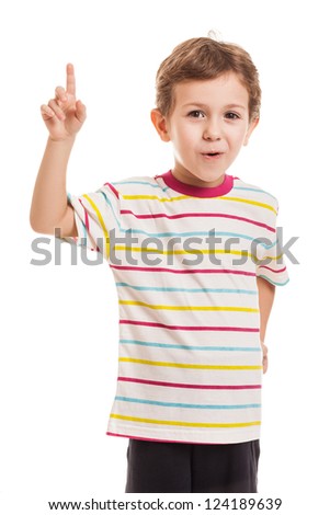 Amazed or surprised child boy gesturing exclamation point finger sign Amazed or surprised child boy gesturing exclamation point finger sign