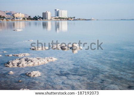 View from outside the seas on coast and hotels, Dead Sea, Israel