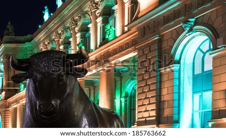 FRANKFURT, GERMANY - APRIL 01, 2014: Illuminated Stock Exchange at night on April 01, 2014 during the Luminale 2014. The Luminale takes place in Frankfurt every 2 years.