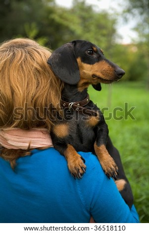 Portret of the girl with the dachshund dog walk in the park