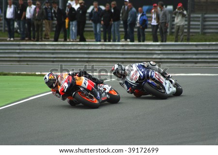 SACHSENRING, GERMANY - JULY 19 : Spanish riders Dani Pedrosa (L) and Jorge Lorenzo fight hard at 2009 Alice German Motorcycle Grand Prix July 19, 2009 in Sachsenring, Germany