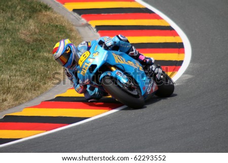 SACHSENRING, GERMANY - JULY 16: Spanish rider Alvaro Bautista pushes hard during practice at Eni German Motorcycle Grand Prix 2010 on July 16, 2010 in Sachsenring, Germany