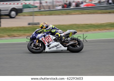 SACHSENRING, GERMANY - JULY 17: Italian rider Valentino Rossi pushes hard during practice at Eni German Motorcycle Grand Prix 2010 on July 17, 2010 in Sachsenring, Germany